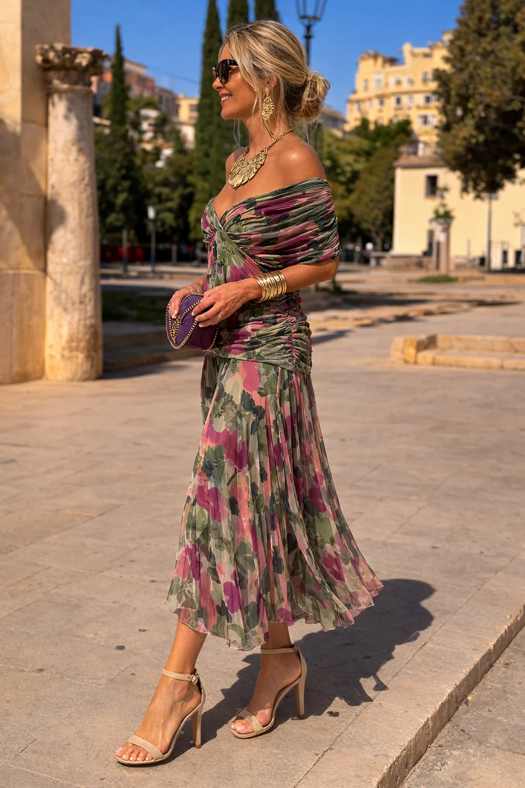Chiffon Maxi Dress V-Neck Ruched Waist Floaty Sleeves Ankle-Length