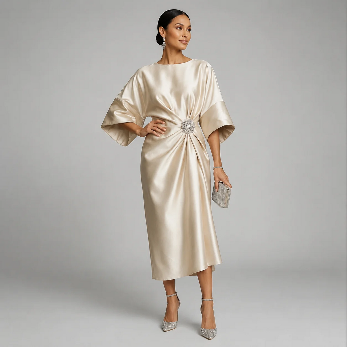 Satin-Look Batwing Sleeve Midi Dress Boat Neckline Jewel Brooch Waist Detail