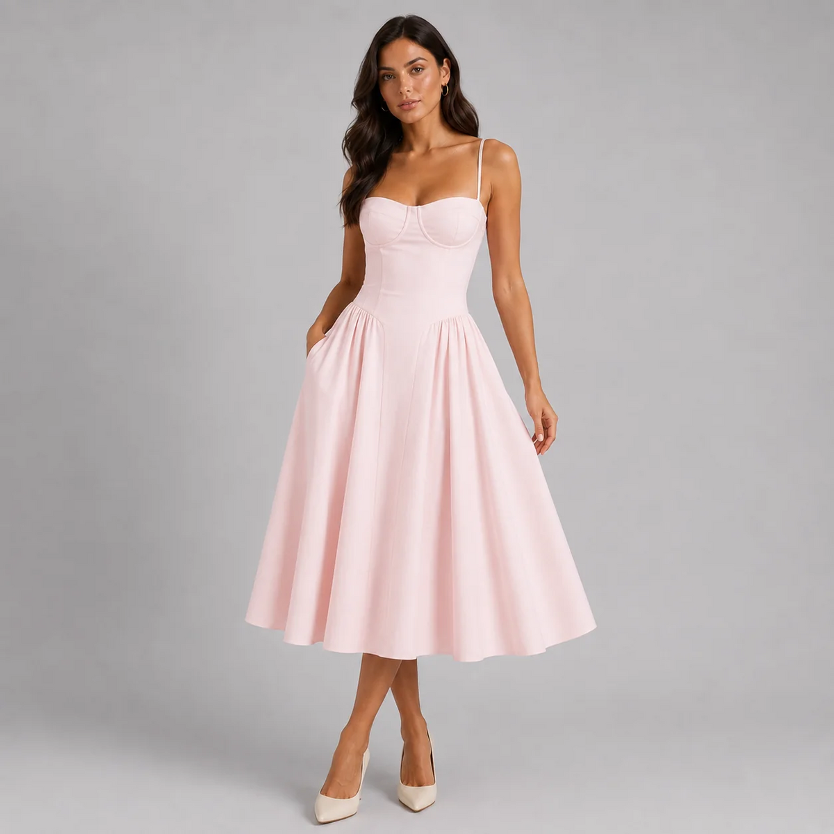 Floral Corset Midi Dress Sweetheart Neckline Spaghetti Straps Gathered Skirt