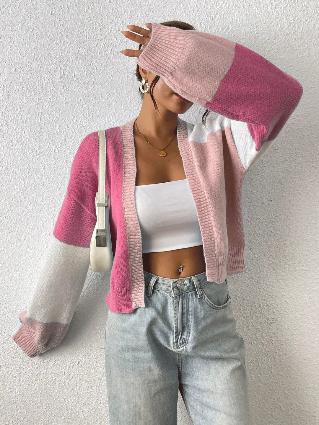 Cropped Colour Block Cardigan Open Front Drop Shoulder Ribbed Cuffs