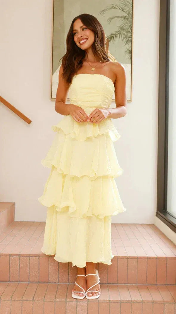 Strapless Tiered Ruffle Maxi Dress Fitted Bodice Three-Tier Skirt Elegant Wedding Wear