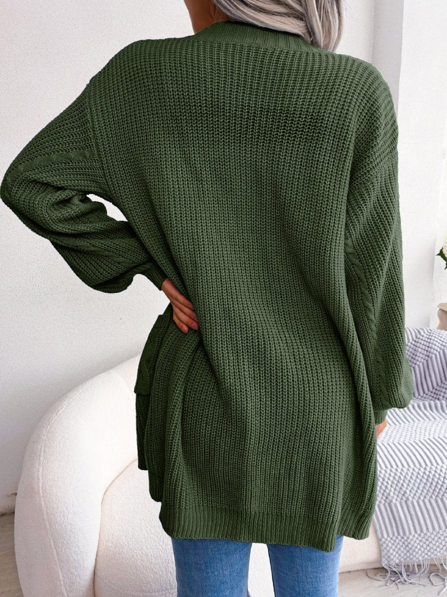 Oversized Cable Knit Cardigan Open Front Patch Pockets Batwing Sleeves