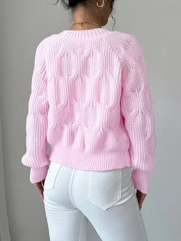 Cable-Knit Bow-Detail Cardigan V-Neck Long Sleeves Flared Cuffs