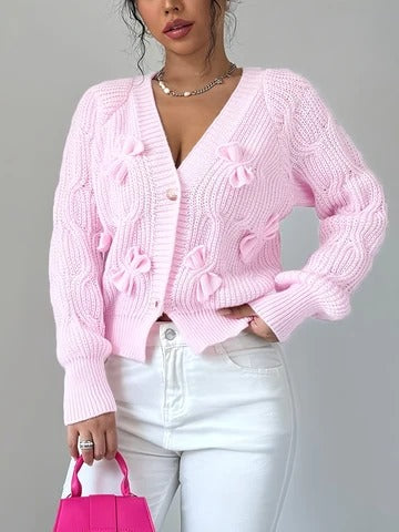 Cable-Knit Bow-Detail Cardigan V-Neck Long Sleeves Flared Cuffs