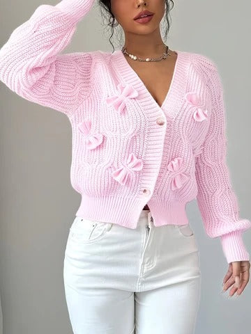 Cable-Knit Bow-Detail Cardigan V-Neck Long Sleeves Flared Cuffs