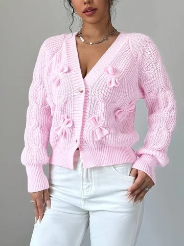 Cable-Knit Bow-Detail Cardigan V-Neck Long Sleeves Flared Cuffs