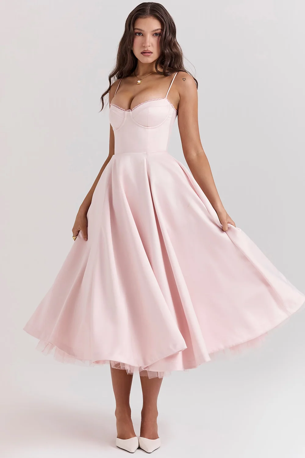 Boned Corset Midi Dress Sweetheart Neckline Tulle Skirt Pockets