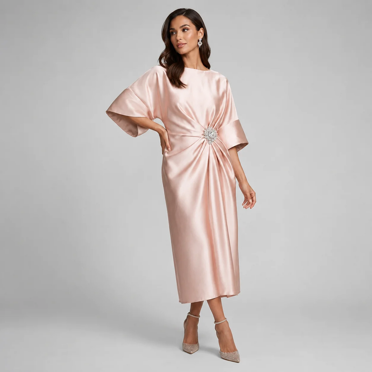 Satin-Look Batwing Sleeve Midi Dress Boat Neckline Jewel Brooch Waist Detail