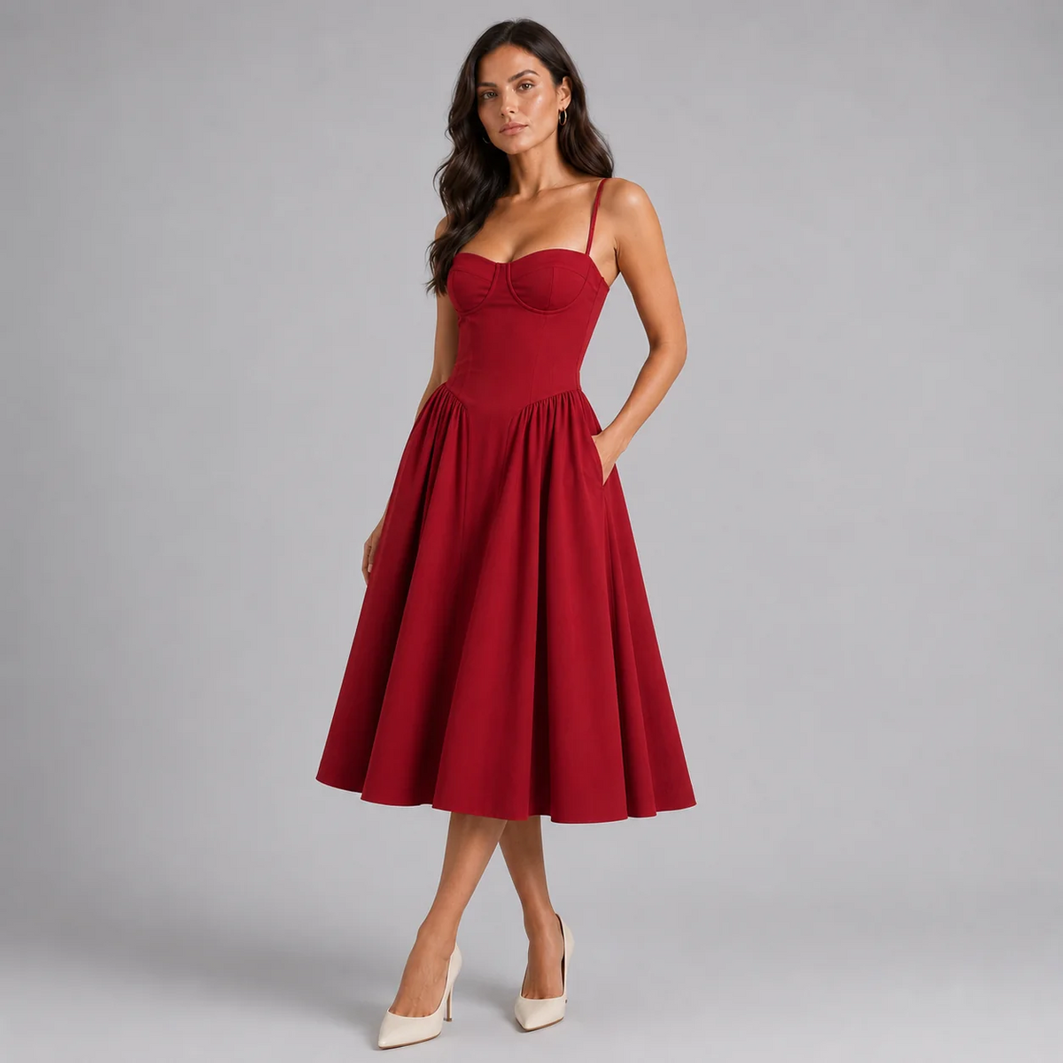 Floral Corset Midi Dress Sweetheart Neckline Spaghetti Straps Gathered Skirt