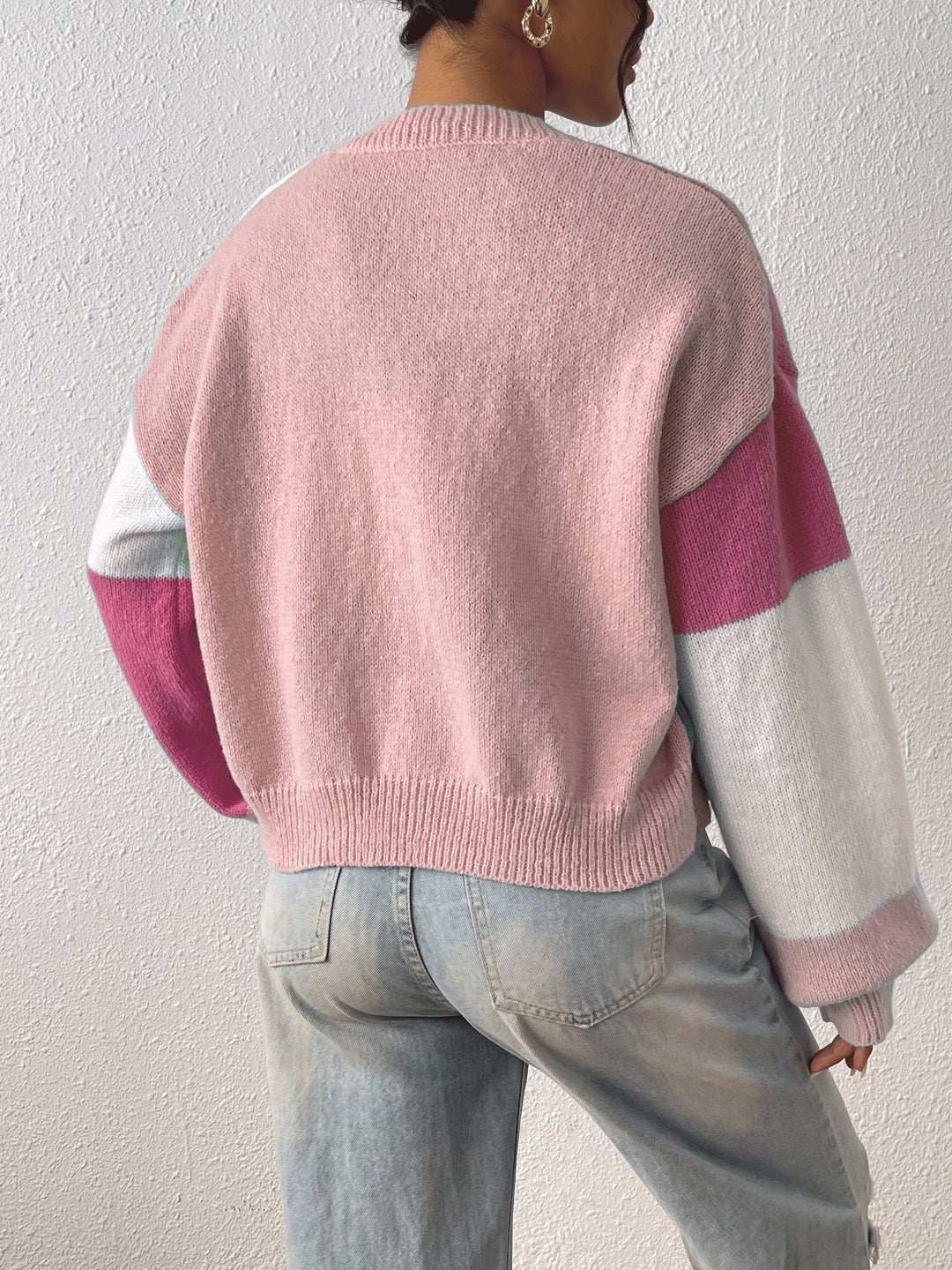 Cropped Colour Block Cardigan Open Front Drop Shoulder Ribbed Cuffs