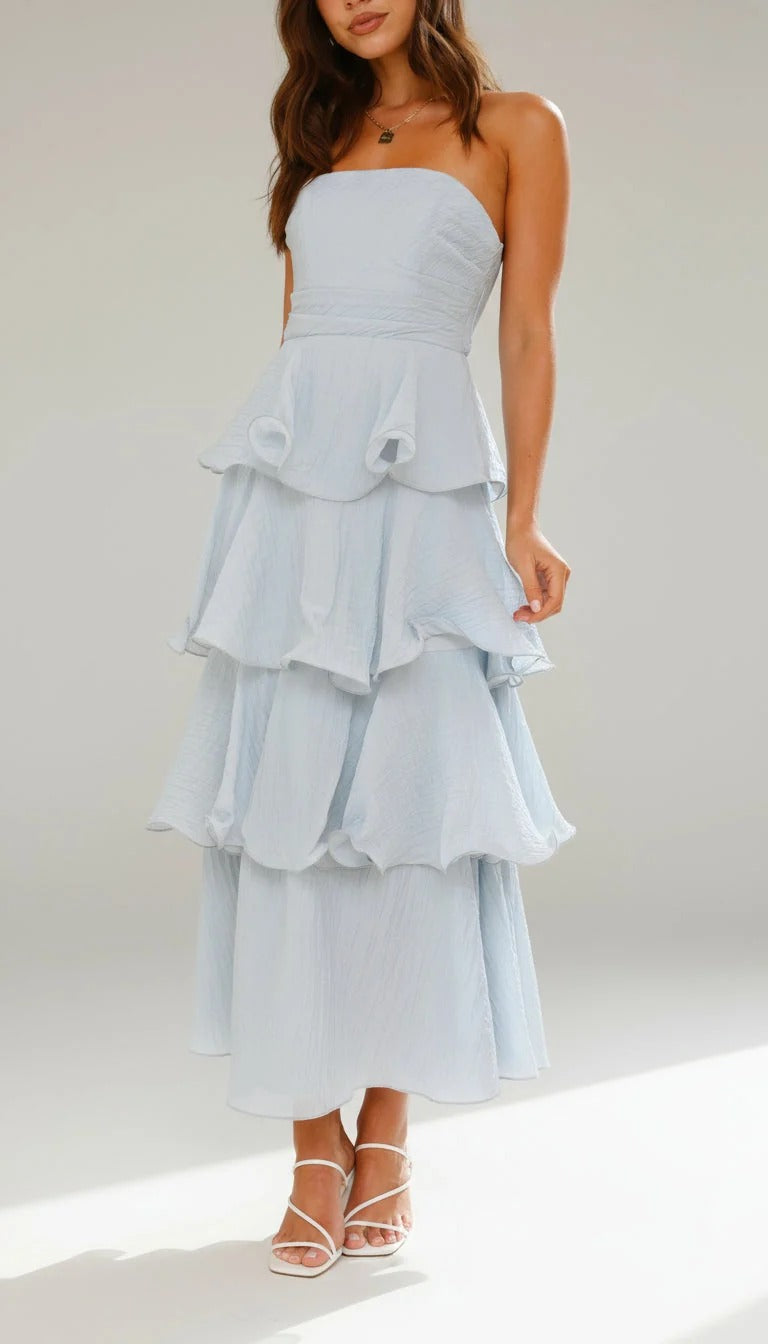 Strapless Tiered Ruffle Maxi Dress Fitted Bodice Three-Tier Skirt Elegant Wedding Wear