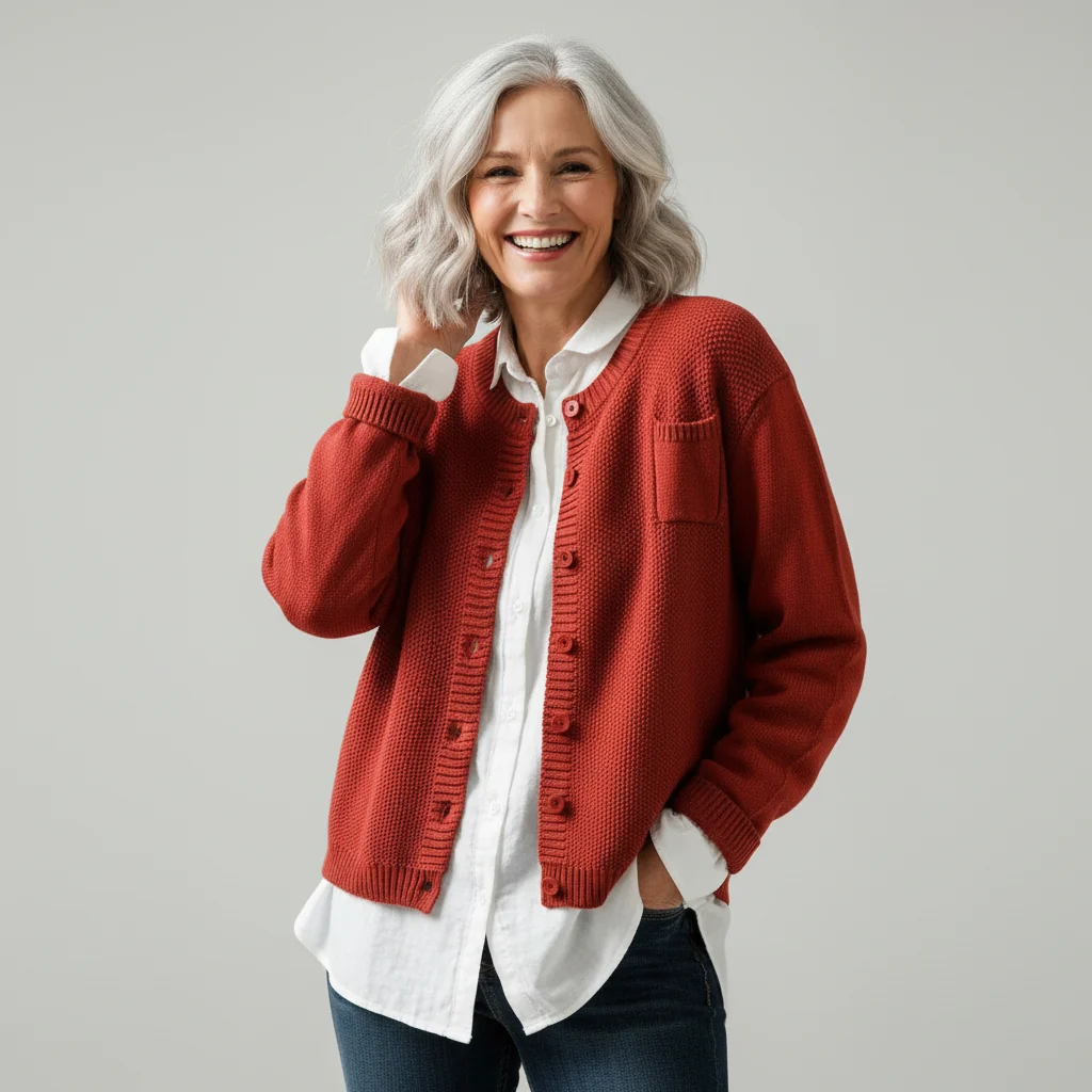 Button-Front Cotton-Blend Cardigan Round Neckline Cosy Fit