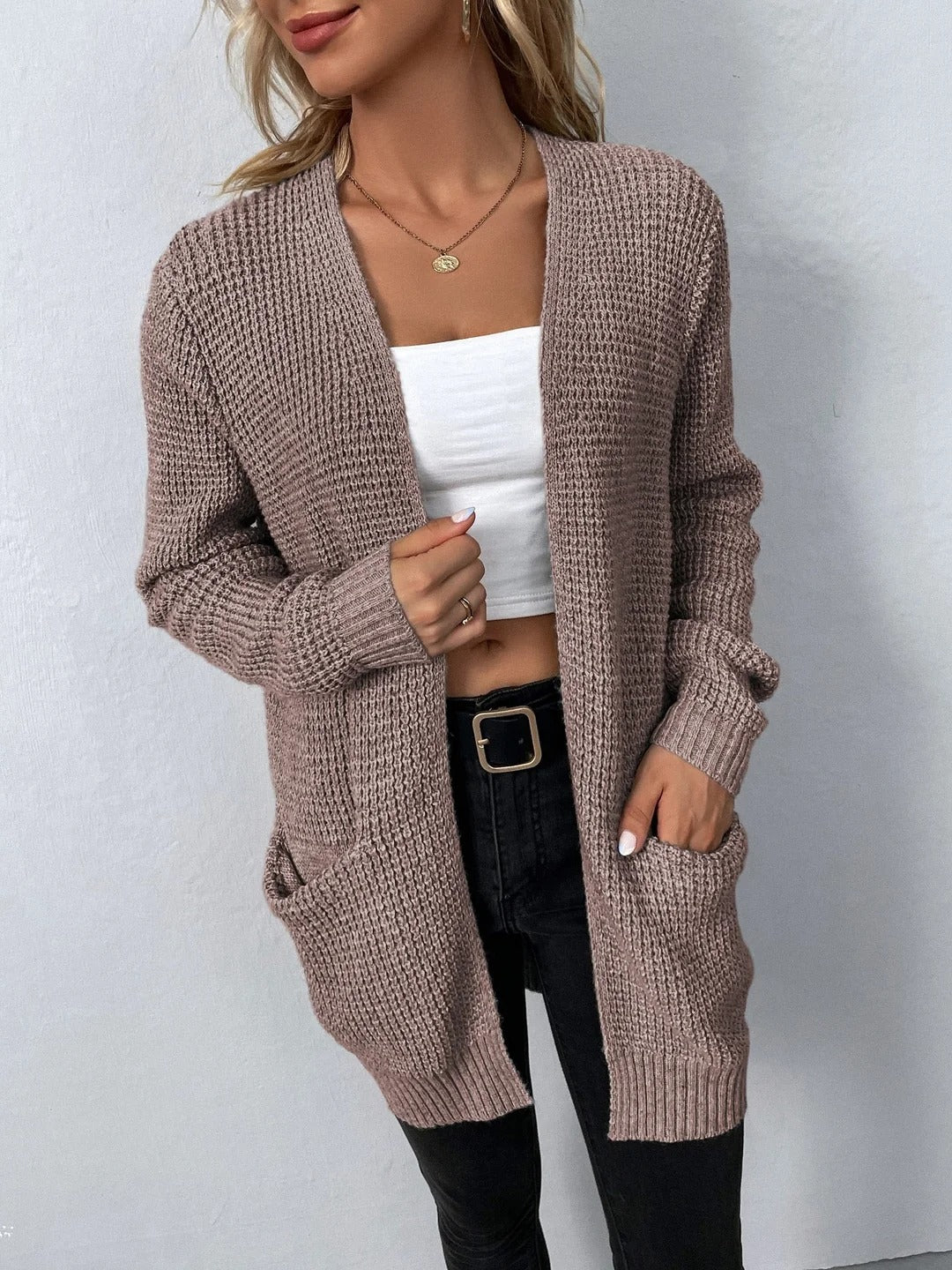 Open Front Waffle-Knit Cardigan Collarless Loose Fit