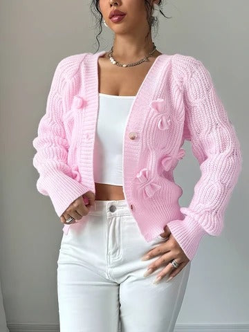 Cable-Knit Bow-Detail Cardigan V-Neck Long Sleeves Flared Cuffs
