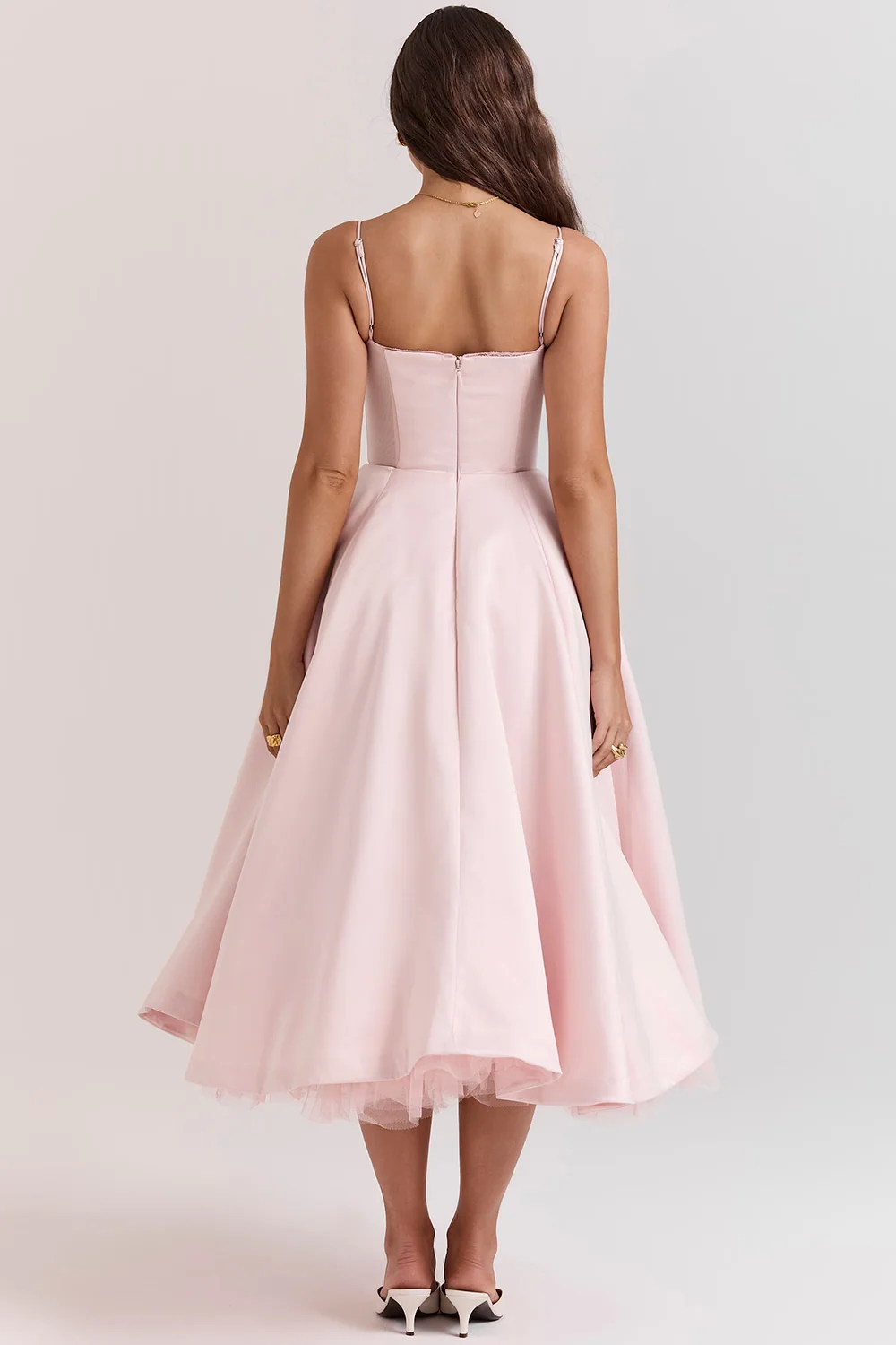 Boned Corset Midi Dress Sweetheart Neckline Tulle Skirt Pockets