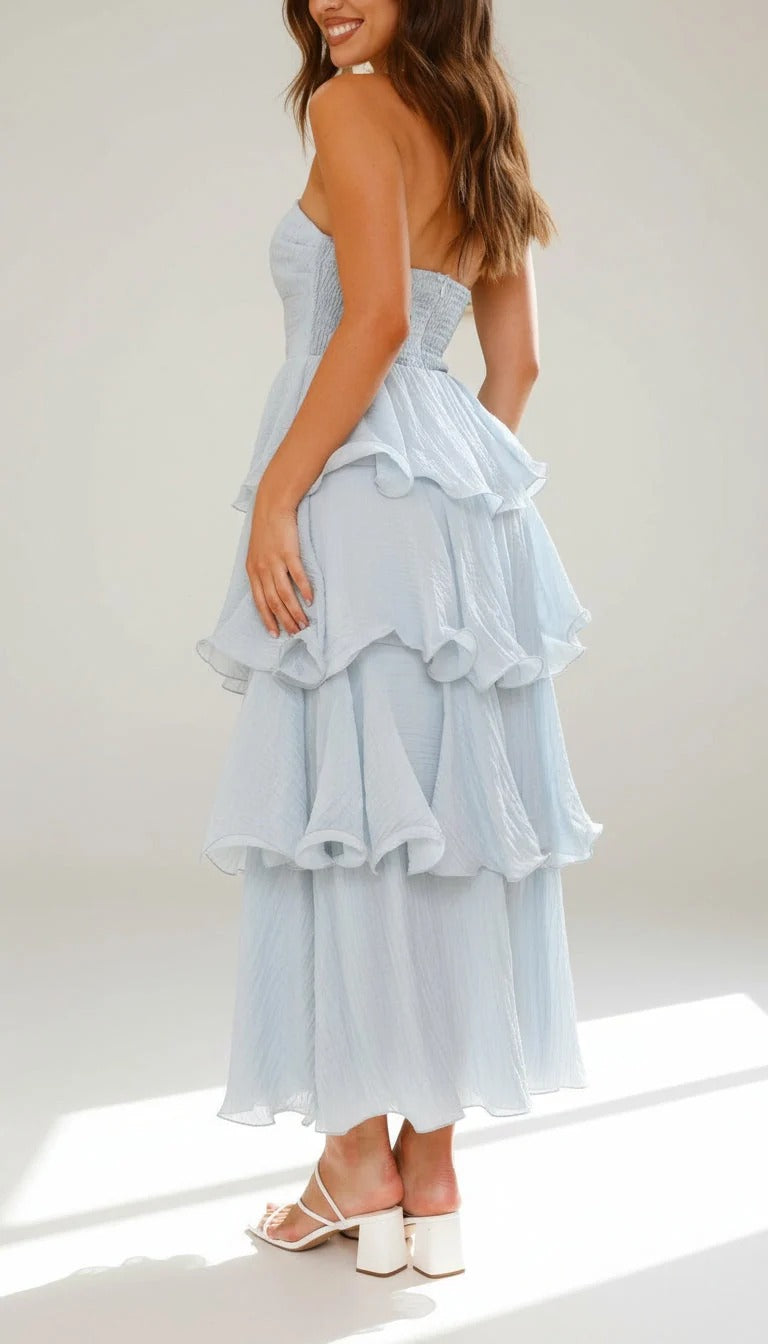Strapless Tiered Ruffle Maxi Dress Fitted Bodice Three-Tier Skirt Elegant Wedding Wear