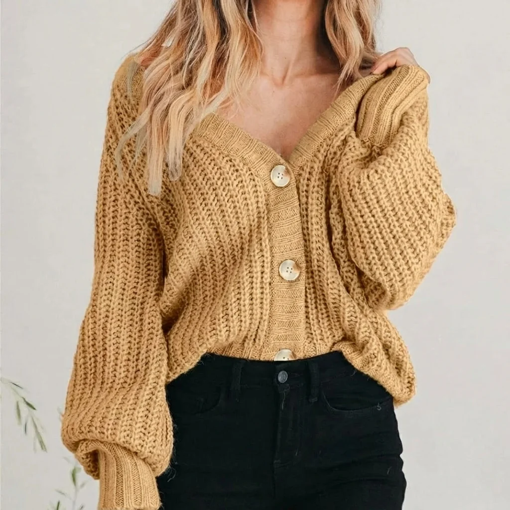 Chunky Knit Cardigan Balloon Sleeves V-Neck Button Front Cropped