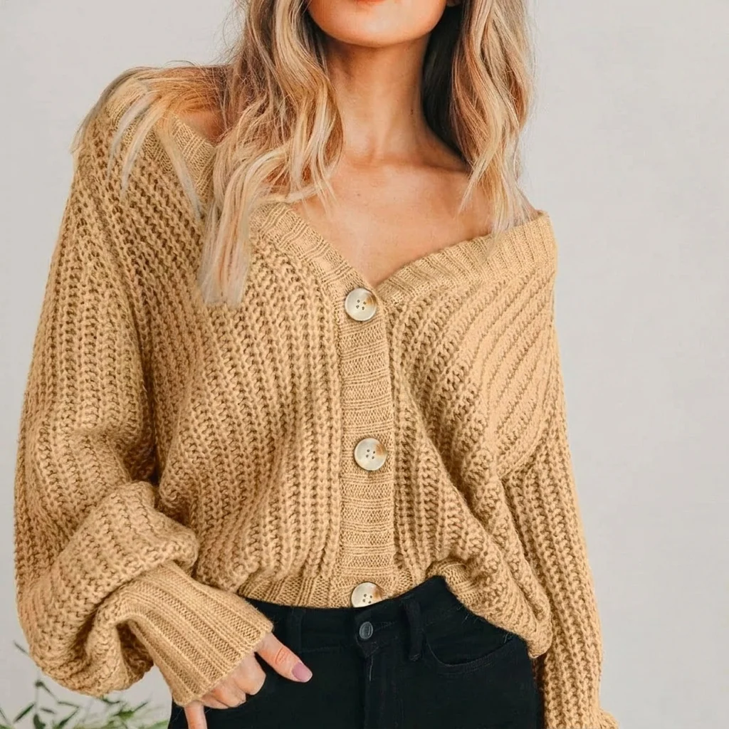 Chunky Knit Cardigan Balloon Sleeves V-Neck Button Front Cropped