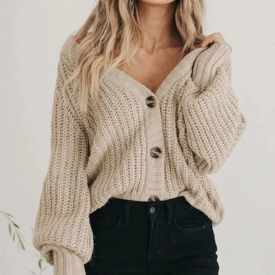 Chunky Knit Cardigan Balloon Sleeves V-Neck Button Front Cropped
