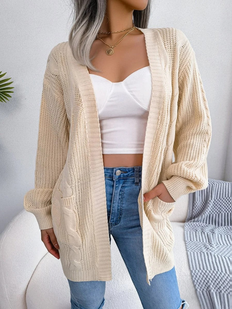 Oversized Cable Knit Cardigan Open Front Patch Pockets Batwing Sleeves
