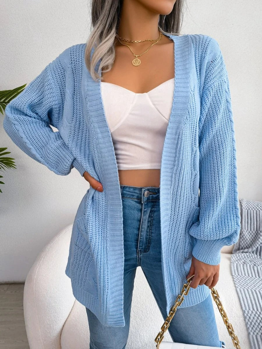 Oversized Cable Knit Cardigan Open Front Patch Pockets Batwing Sleeves