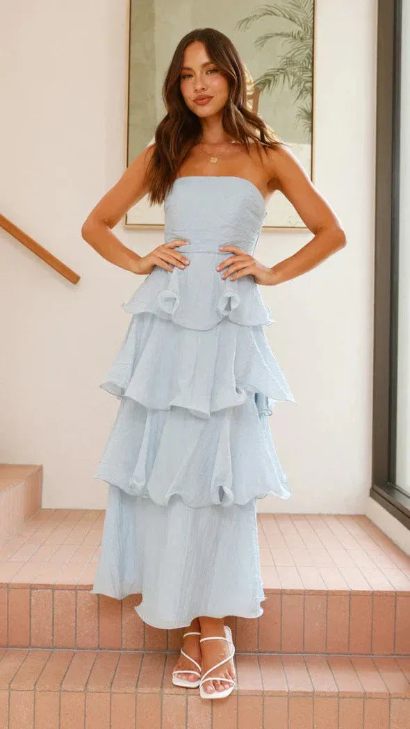 Strapless Tiered Ruffle Maxi Dress Fitted Bodice Three-Tier Skirt Elegant Wedding Wear
