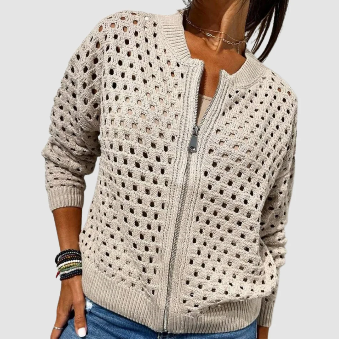 Hollow-Knit Zip Front Cardigan Round Neckline Textured Design