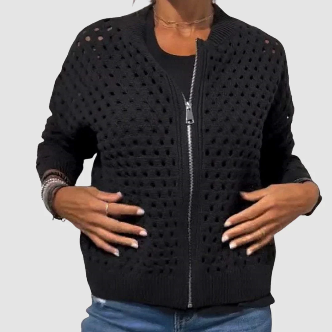 Hollow-Knit Zip Front Cardigan Round Neckline Textured Design