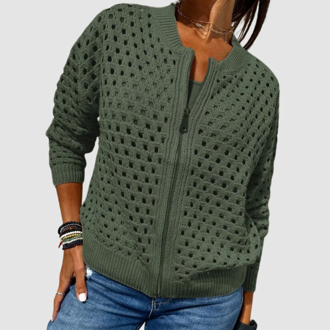 Hollow-Knit Zip Front Cardigan Round Neckline Textured Design