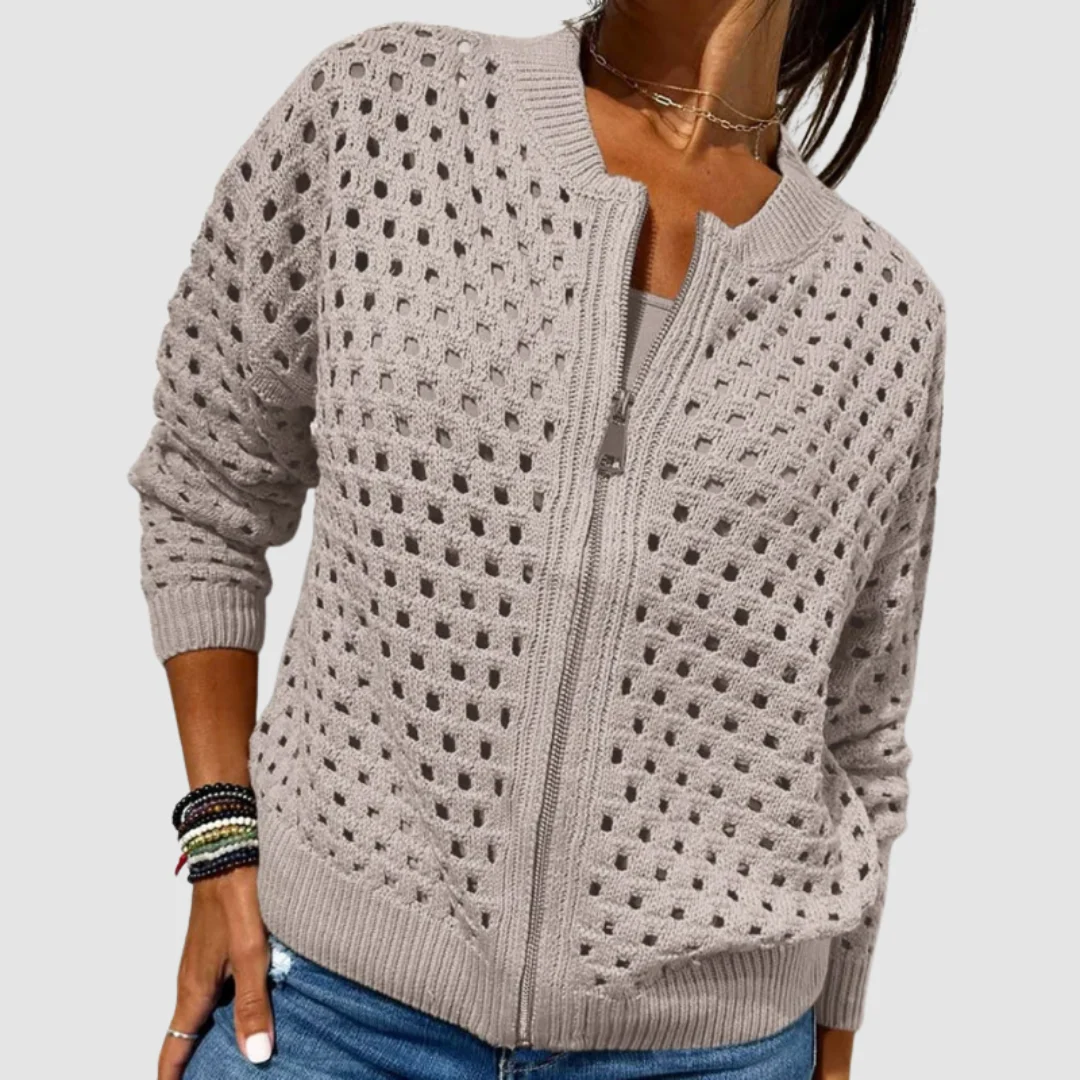 Hollow-Knit Zip Front Cardigan Round Neckline Textured Design