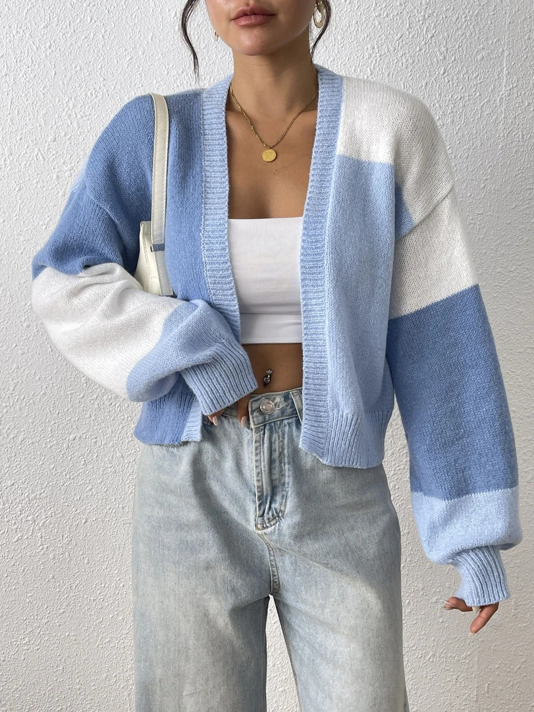 Cropped Colour Block Cardigan Open Front Drop Shoulder Ribbed Cuffs