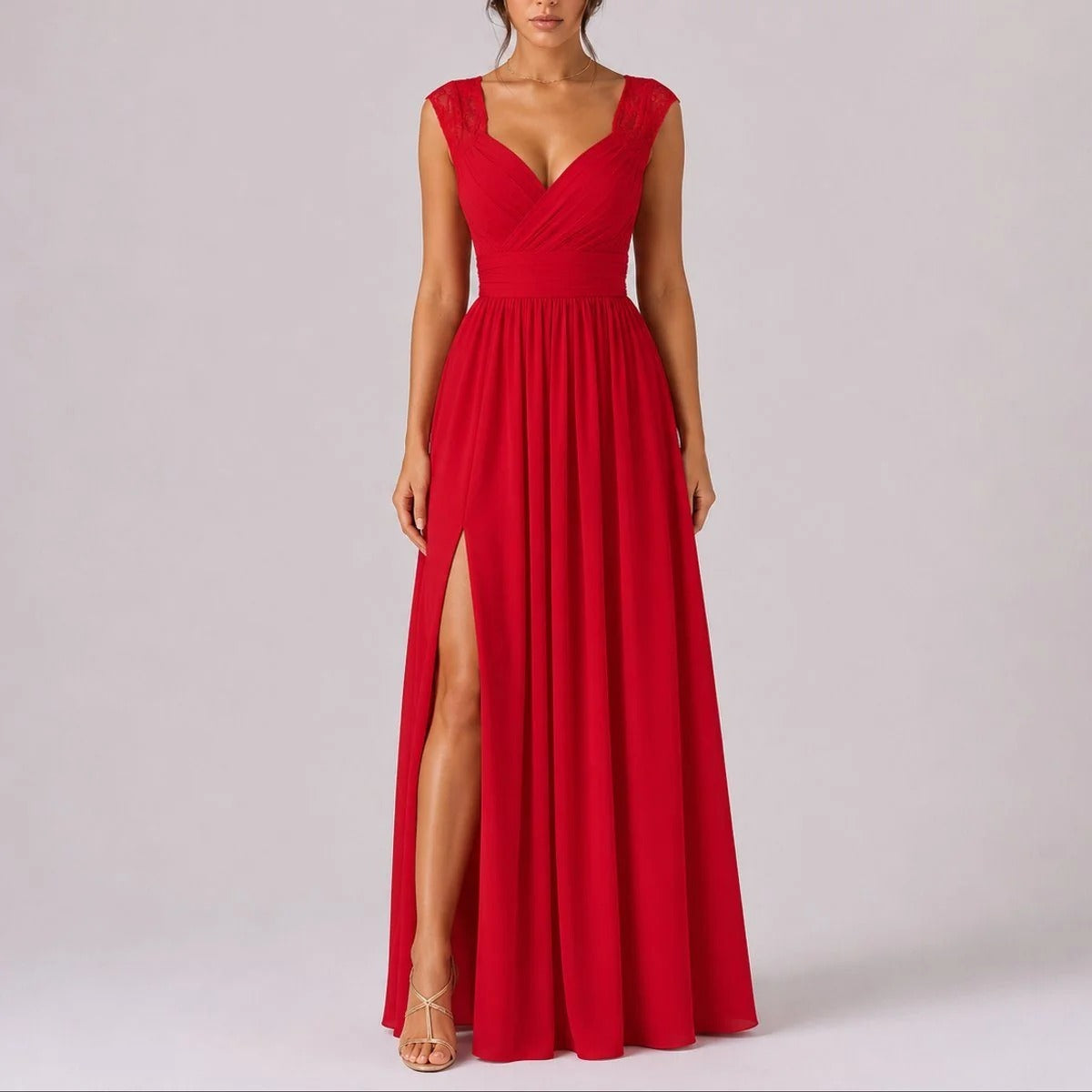 Lace Shoulder Wedding Guest Maxi Dress Deep V-Neck Wrap Ruched Waist Front Split