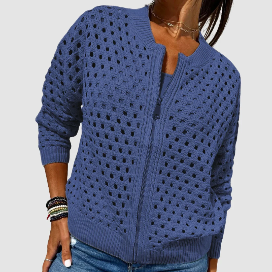 Hollow-Knit Zip Front Cardigan Round Neckline Textured Design