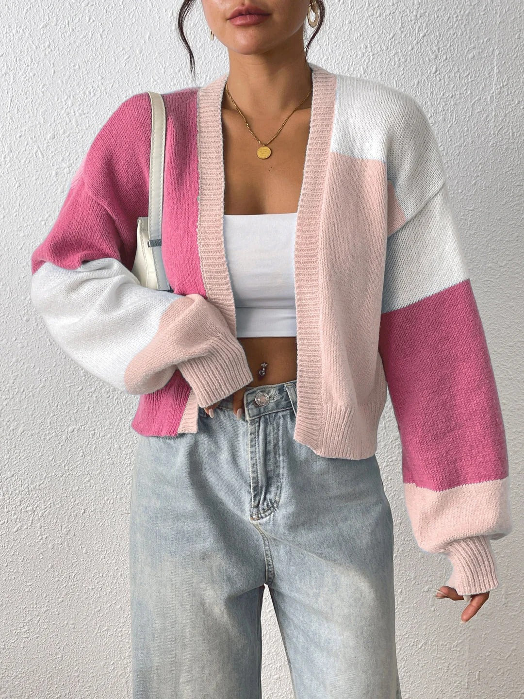 Cropped Colour Block Cardigan Open Front Drop Shoulder Ribbed Cuffs