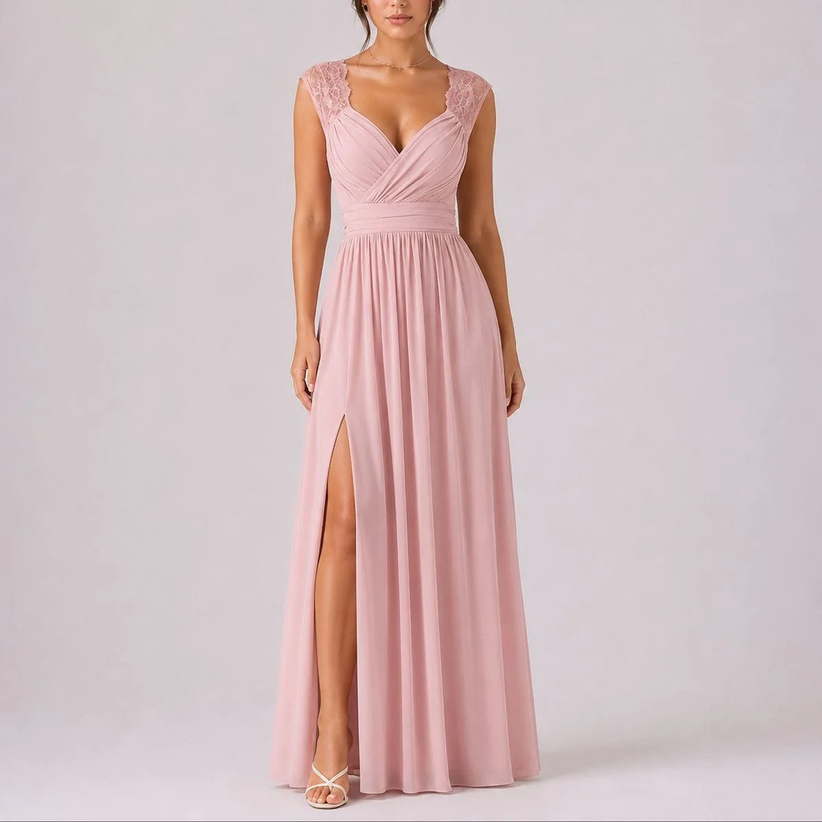 Lace Shoulder Wedding Guest Maxi Dress Deep V-Neck Wrap Ruched Waist Front Split