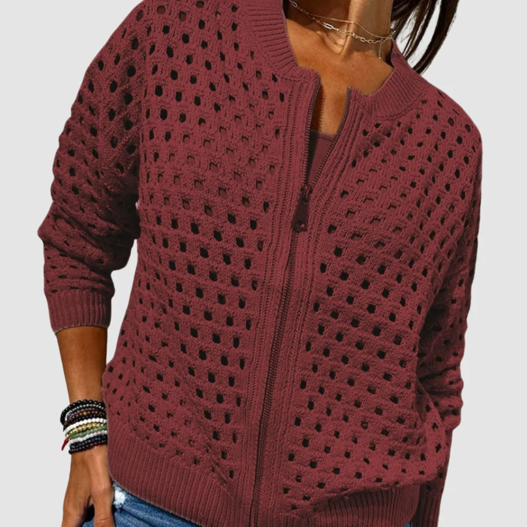Hollow-Knit Zip Front Cardigan Round Neckline Textured Design