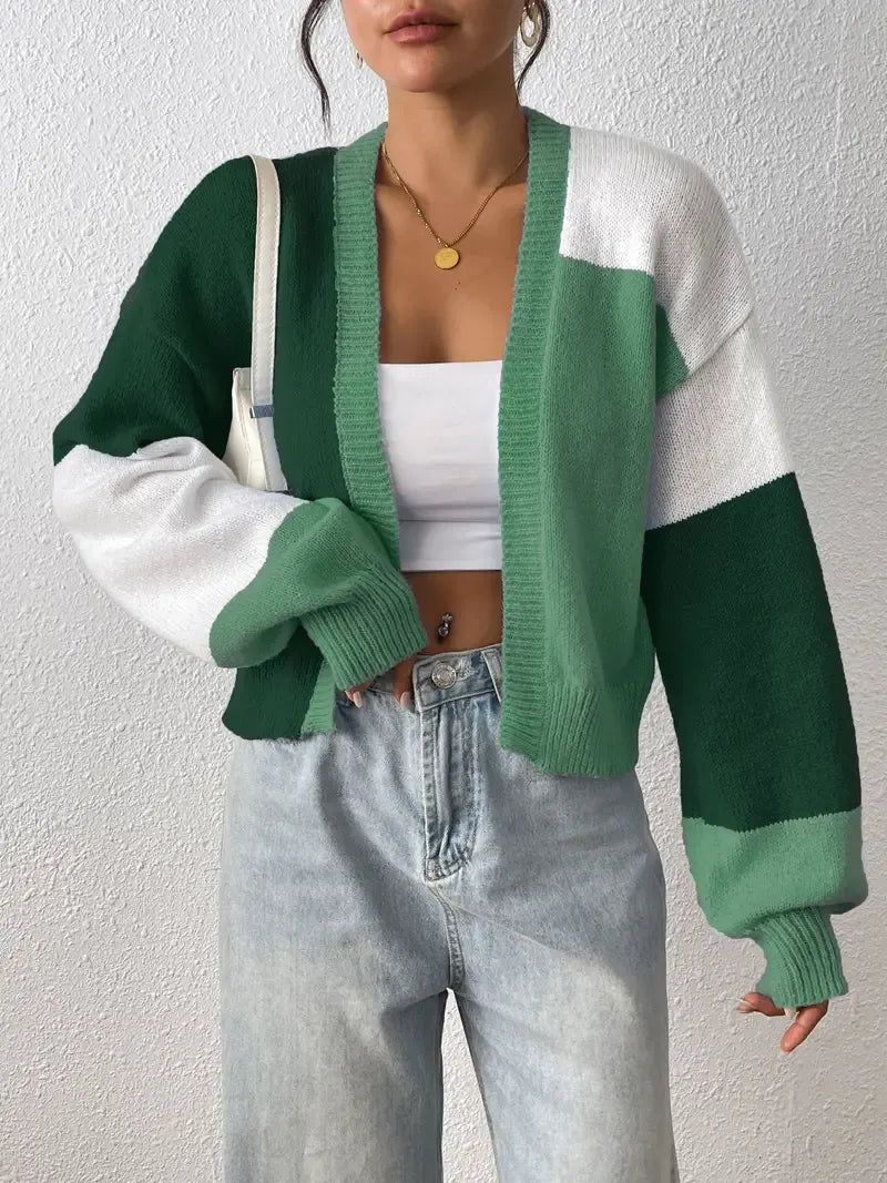 Cropped Colour Block Cardigan Open Front Drop Shoulder Ribbed Cuffs