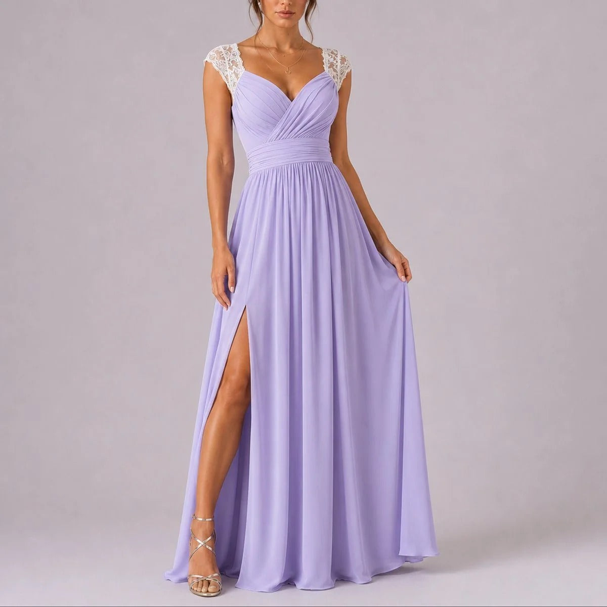 Lace Shoulder Wedding Guest Maxi Dress Deep V-Neck Wrap Ruched Waist Front Split