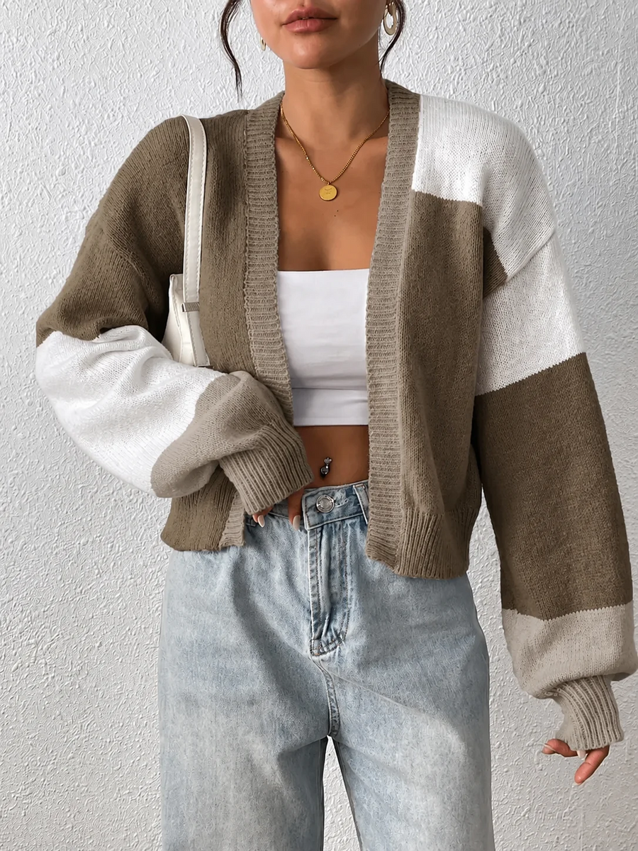 Cropped Colour Block Cardigan Open Front Drop Shoulder Ribbed Cuffs
