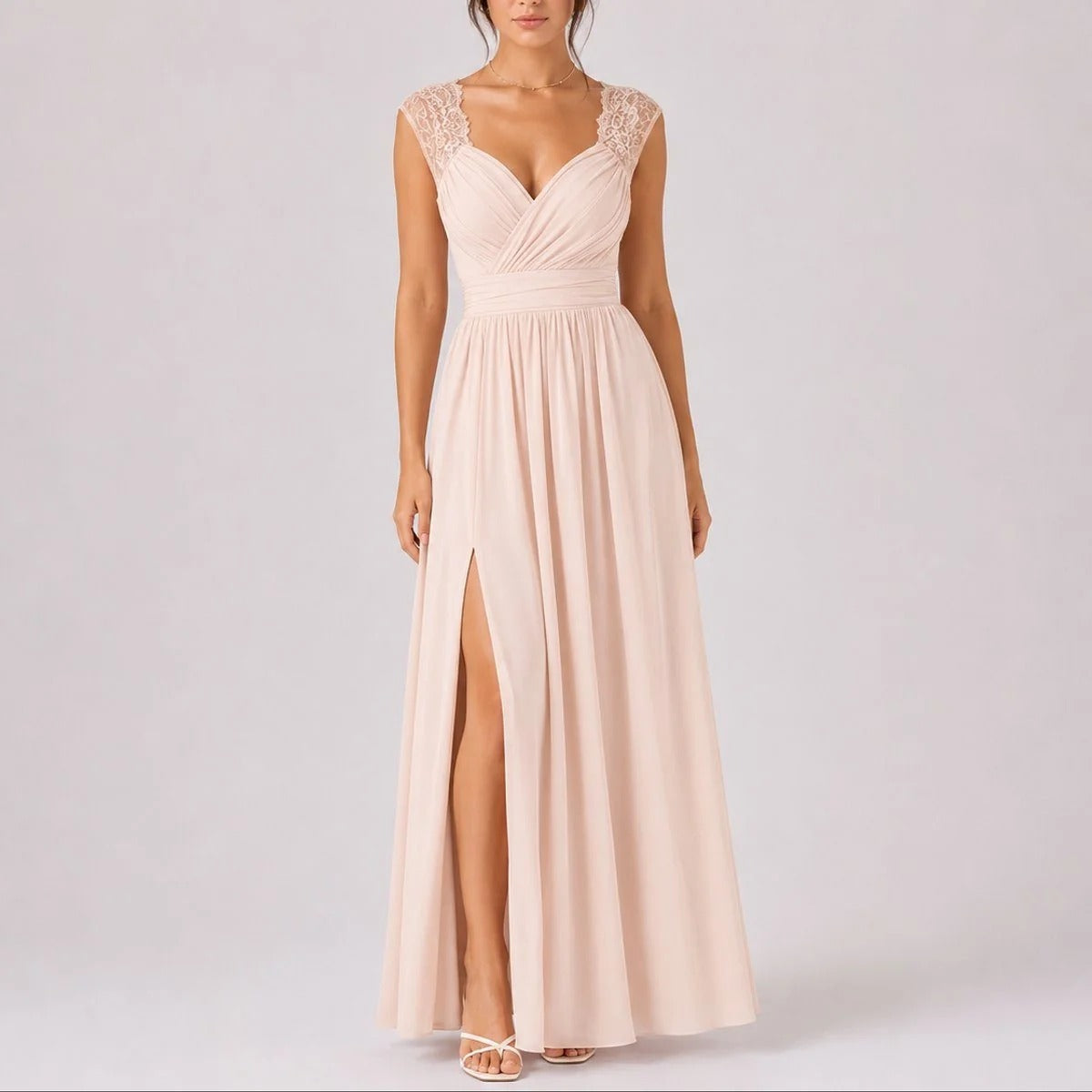 Lace Shoulder Wedding Guest Maxi Dress Deep V-Neck Wrap Ruched Waist Front Split