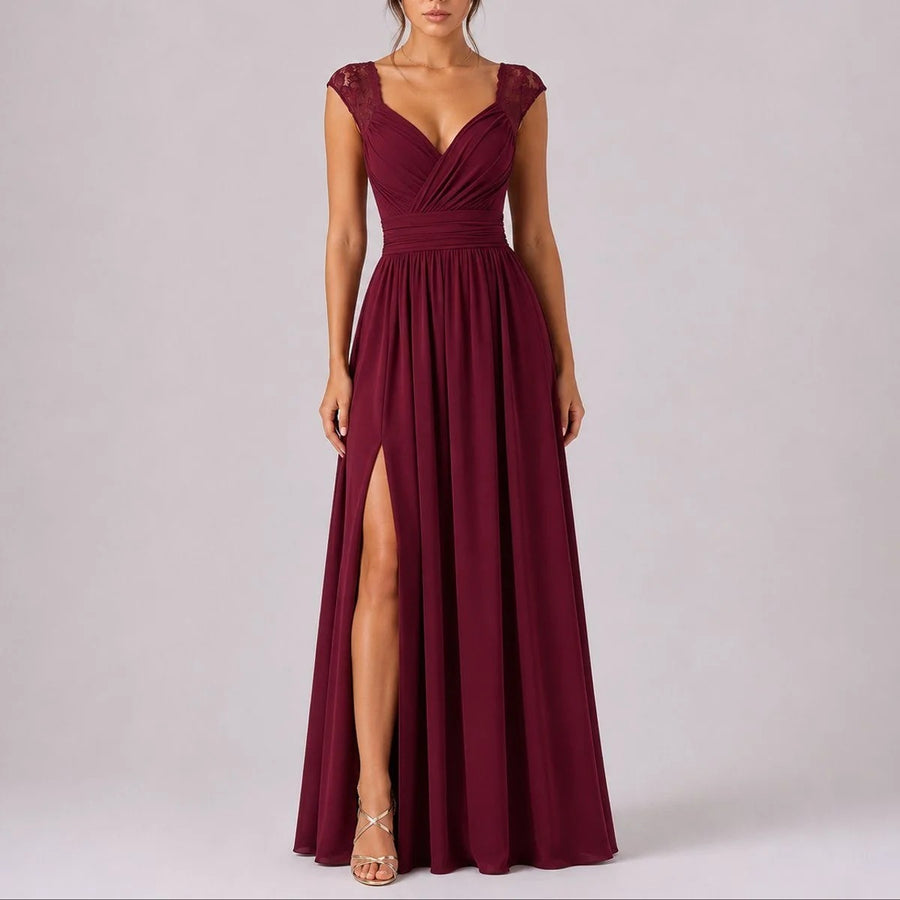 Lace Shoulder Wedding Guest Maxi Dress Deep V-Neck Wrap Ruched Waist Front Split