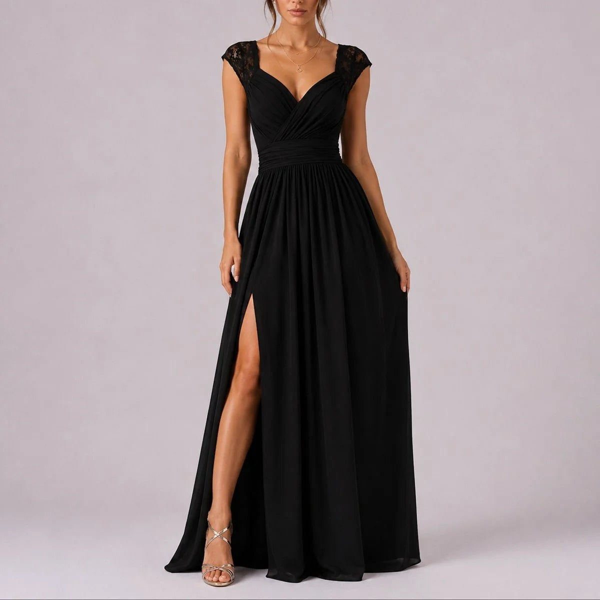 Lace Shoulder Wedding Guest Maxi Dress Deep V-Neck Wrap Ruched Waist Front Split
