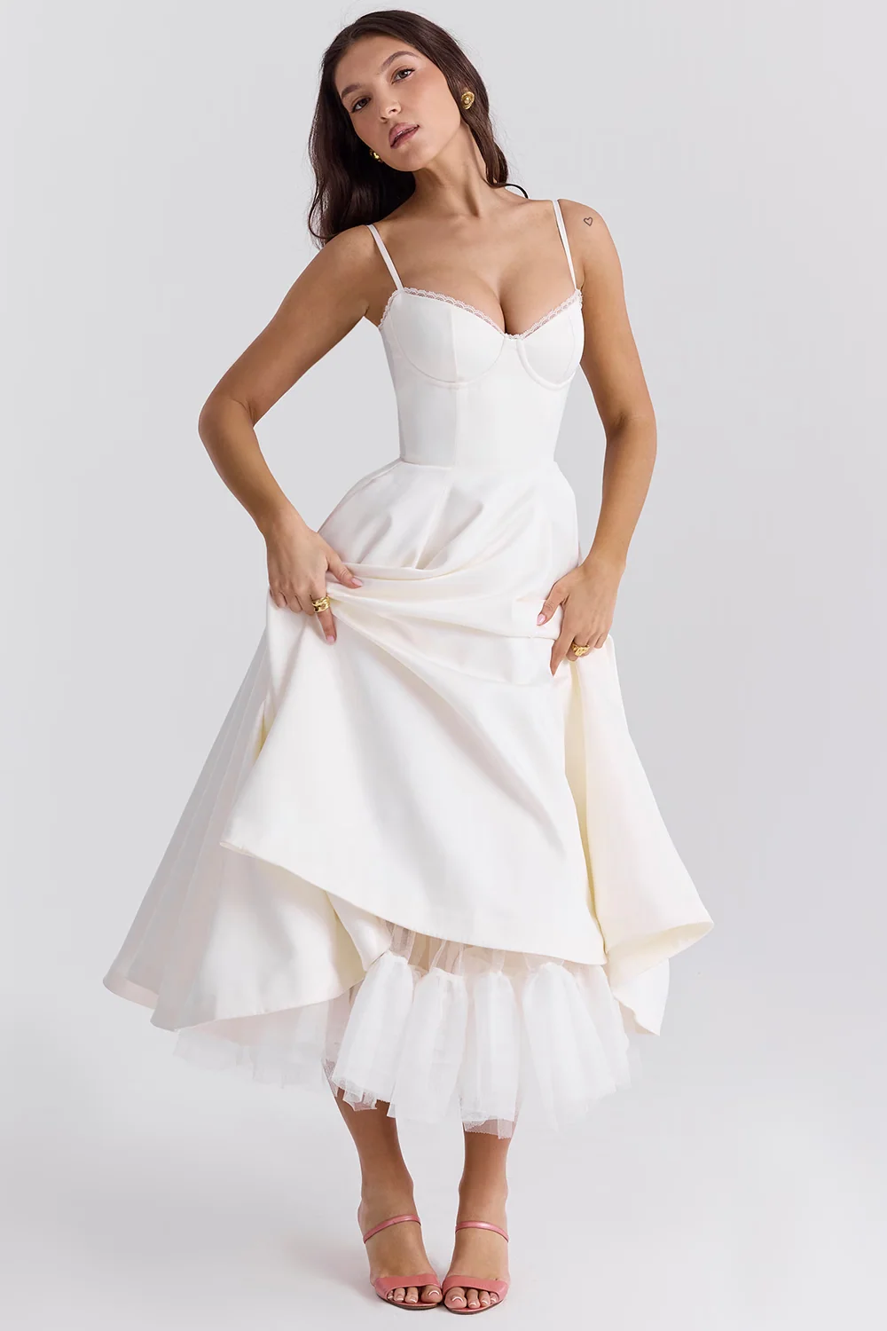 Boned Corset Midi Dress Sweetheart Neckline Tulle Skirt Pockets