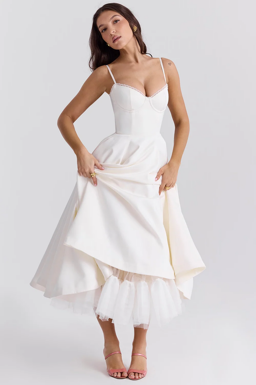 Boned Corset Midi Dress Sweetheart Neckline Tulle Skirt Pockets