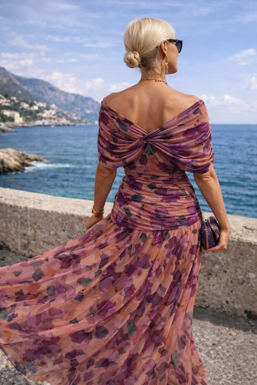 Chiffon Maxi Dress V-Neck Ruched Waist Floaty Sleeves Ankle-Length