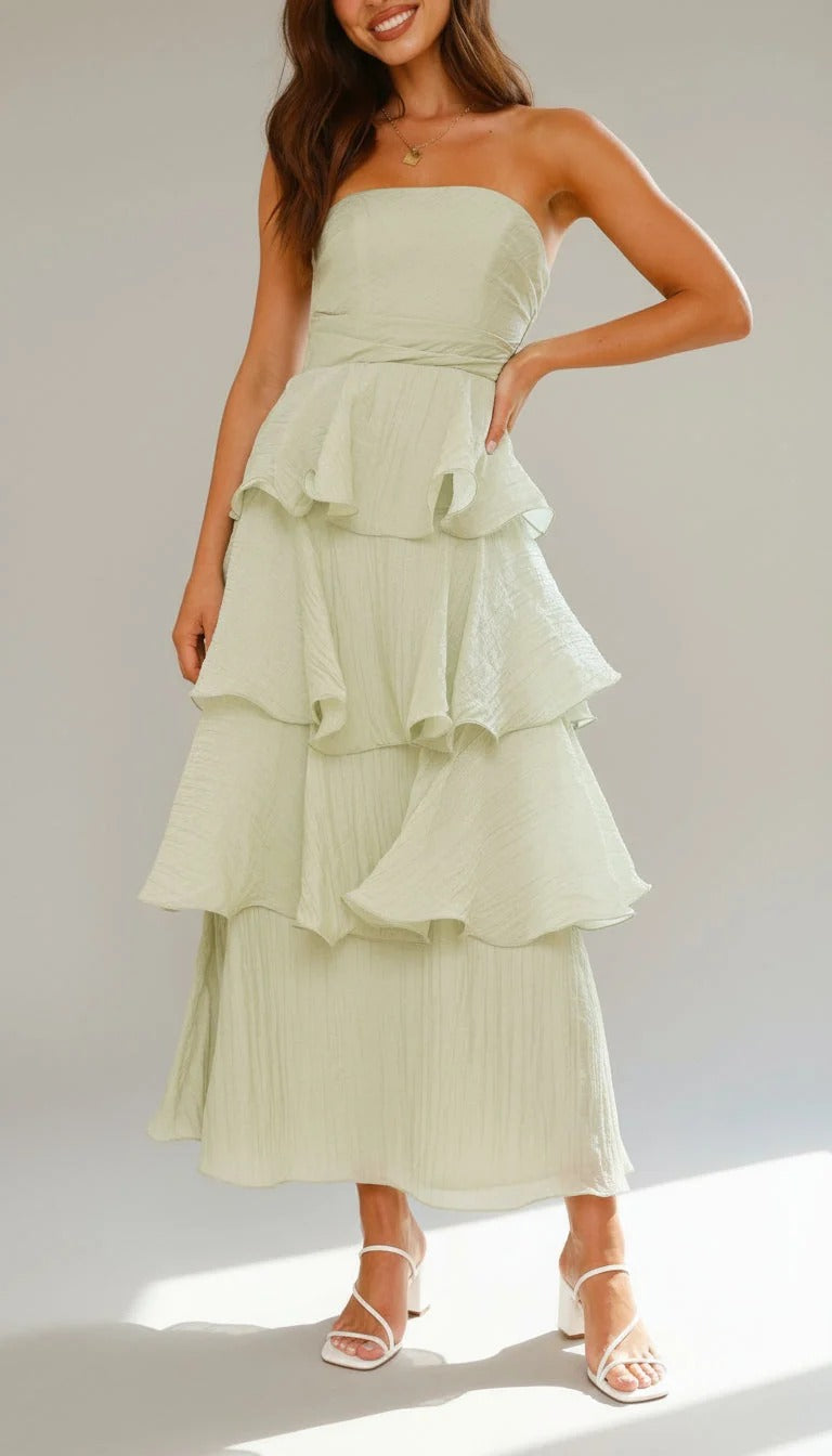 Strapless Tiered Ruffle Maxi Dress Fitted Bodice Three-Tier Skirt Elegant Wedding Wear