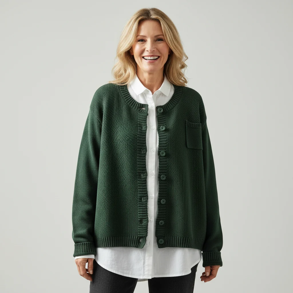 Button-Front Cotton-Blend Cardigan Round Neckline Cosy Fit