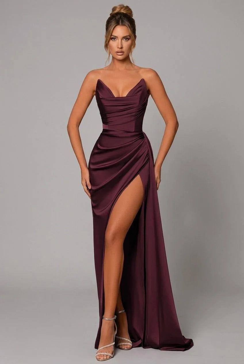 Satin Maxi Dress Sweetheart Neckline Ruched Bodice Thigh Split Open Back