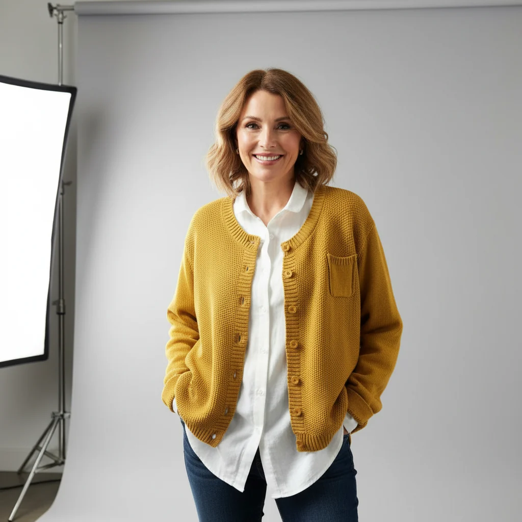 Button-Front Cotton-Blend Cardigan Round Neckline Cosy Fit