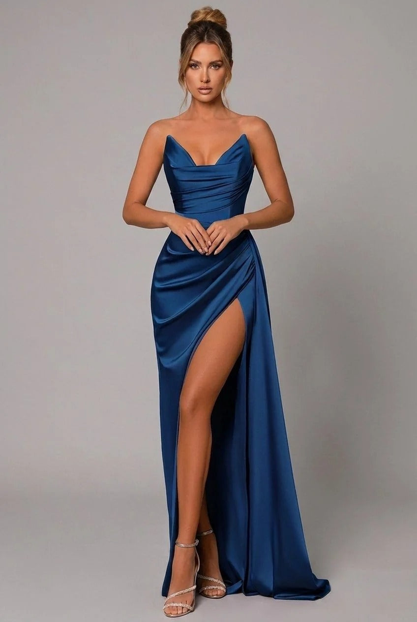Satin Maxi Dress Sweetheart Neckline Ruched Bodice Thigh Split Open Back